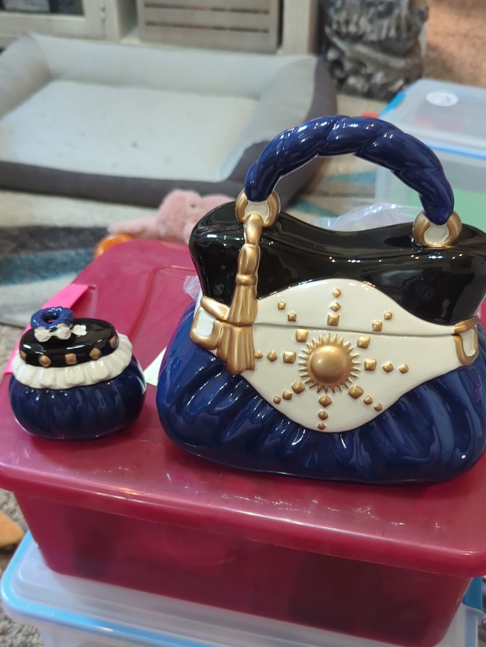 Blue, Black & White Decorative Purse cookie Jar  with Gold Accents